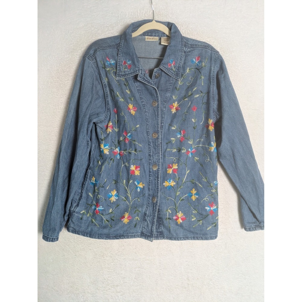 Bobbie Brooks Denim Shirt Women's M Medium Stone Blue Floral Embroidered Boho